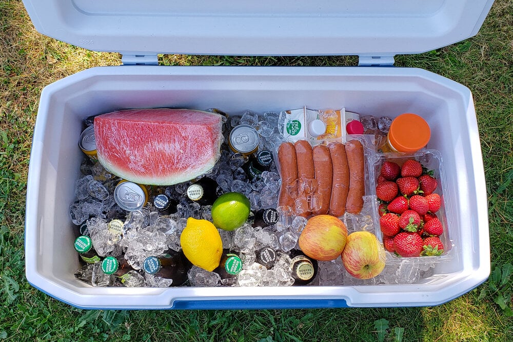 large camping coolers with food and drinks
